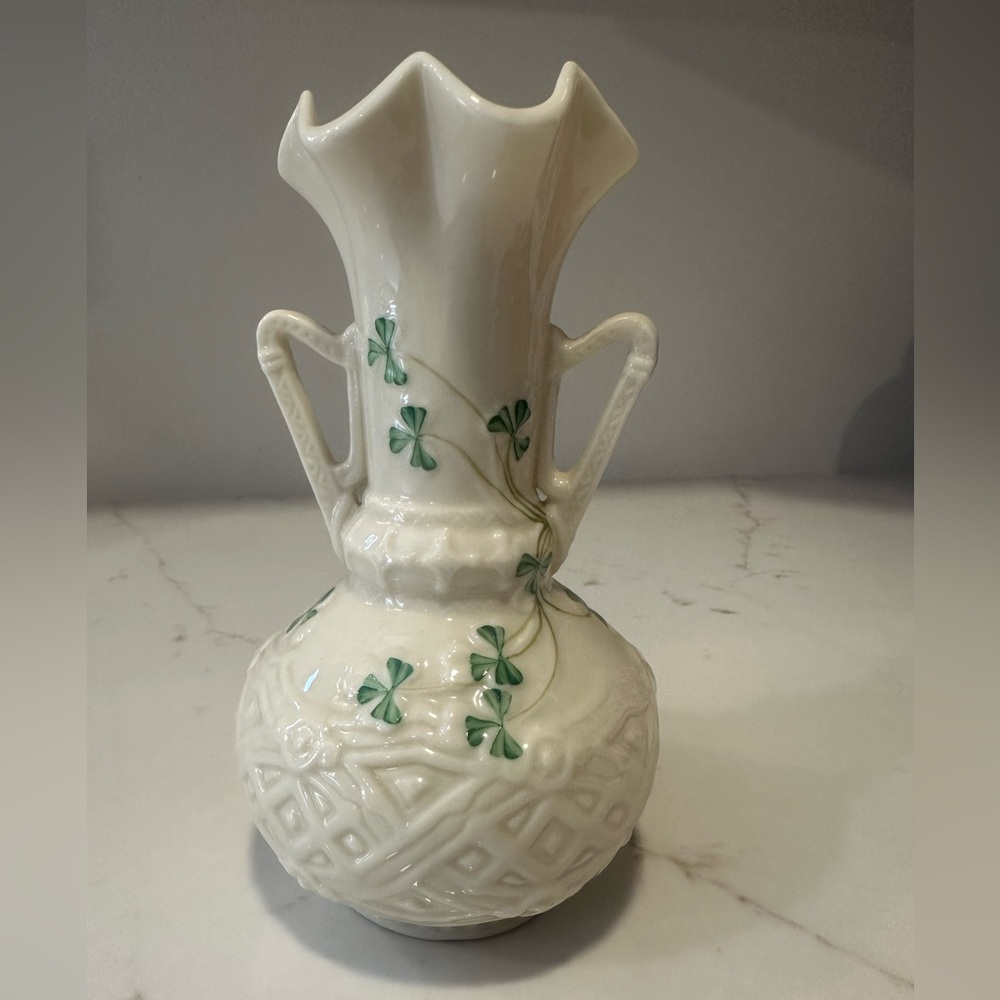 Belleek Ireland Handled Harp Shamrock Porcelain Vase